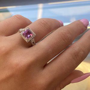 Asscher Cut Pink Sapphire Diamond Halo Engagement Ring Platinum 1.53ct Size 6